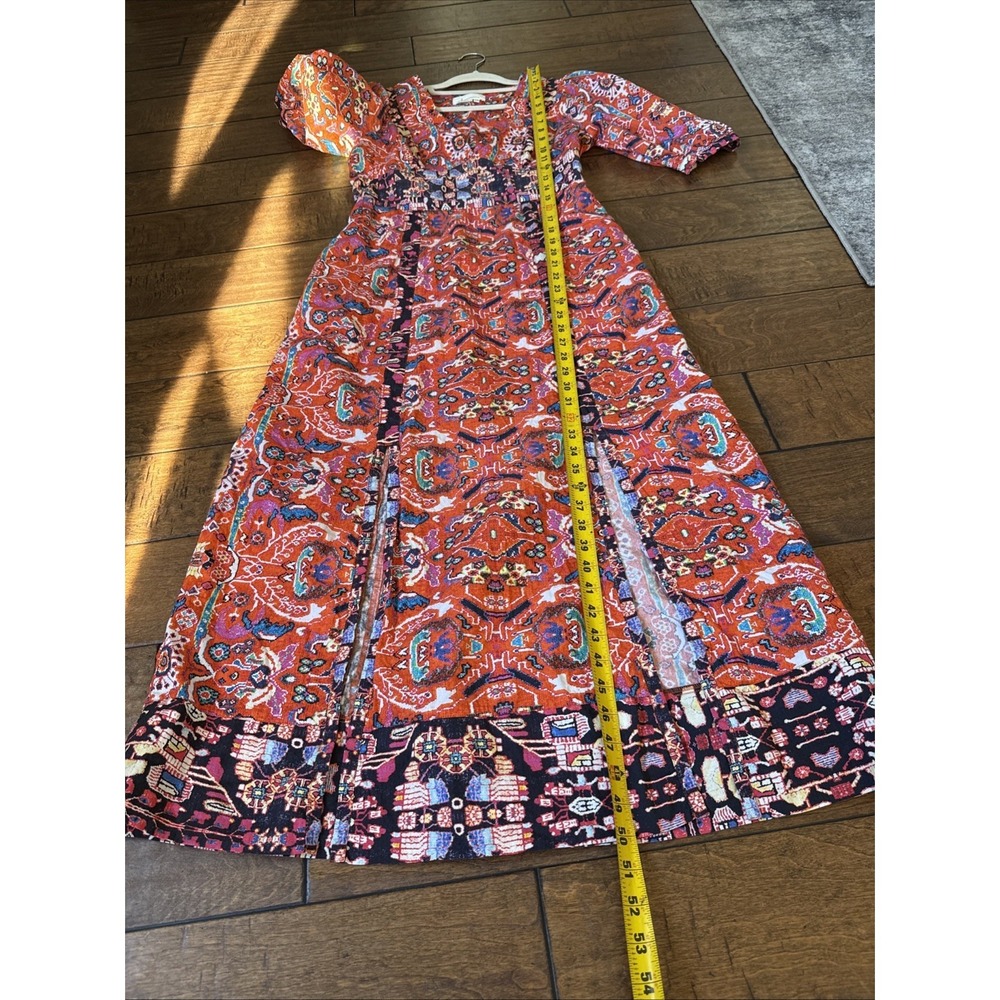 Anthropologie Paisley Midi Dress Womens 6 Orange Red Boho Puff Sleeve Side Slit - Picture 10 of 10